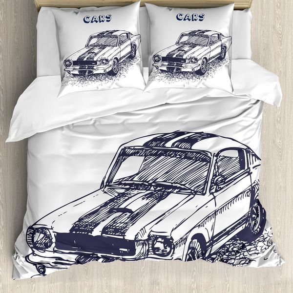 Abakuhaus Set Copripiumino Bianco E Nero, Motivo Sporco, Tema Nostalgico Auto Sportiva, Disegno Uomo, 155 X 220 Cm + 80 X 80 Cm, Bianco E Nero-image