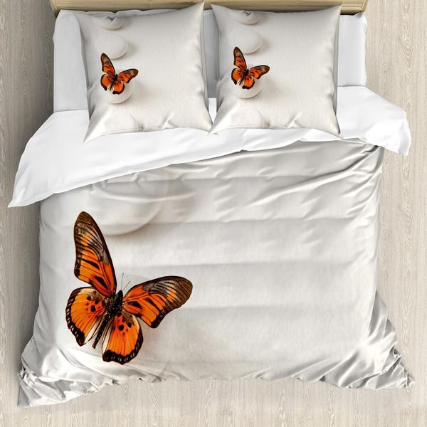 Set Copripiumino Abakuhaus Spa, Motivo Semplice Con Farfalla E Rocce Wellness Purity Healing Serenity Bohemian, 155 X 220 Cm + 80 X 80 Cm, Arancione Bianco-image