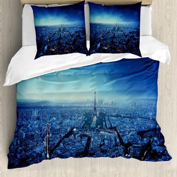 Abakuhaus Copripiumino Con Vista Della Città, Torre Eiffel Vista Della Città, Antiacaro Adatto A Chi Soffre Di Allergie Con Federe, 200 Cm X 200 Cm - 80 X 80 Cm, Blu Navy-image