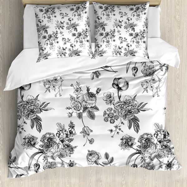 Abakuhaus Set Copripiumino Bianco E Nero, Motivo Floreale Vintage, Stile Vittoriano Classico Di Ispirazione Regale, Nuova Arte Moderna, 200 X 200 Cm + 80 X 80 Cm, Bianco E Nero-image