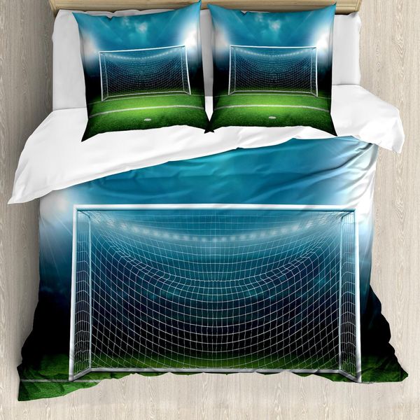 Set Copripiumino Abakuhaus, Tema Calcio, Porta Da Calcio, Area Sportiva, Vincitori E Vinti, Riflettori, Finale Della Migliore Squadra, 155 X 220 Cm + 80 X 80 Cm, Verde E Blu-image