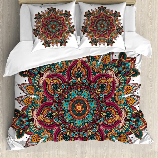 Set Copripiumino Abakuhaus Mandala, Design Etnico Mandala, Motivo Stampato Con Simboli Religiosi Orientali, 155 X 220 Cm + 80 X 80 Cm, Multicolore-image