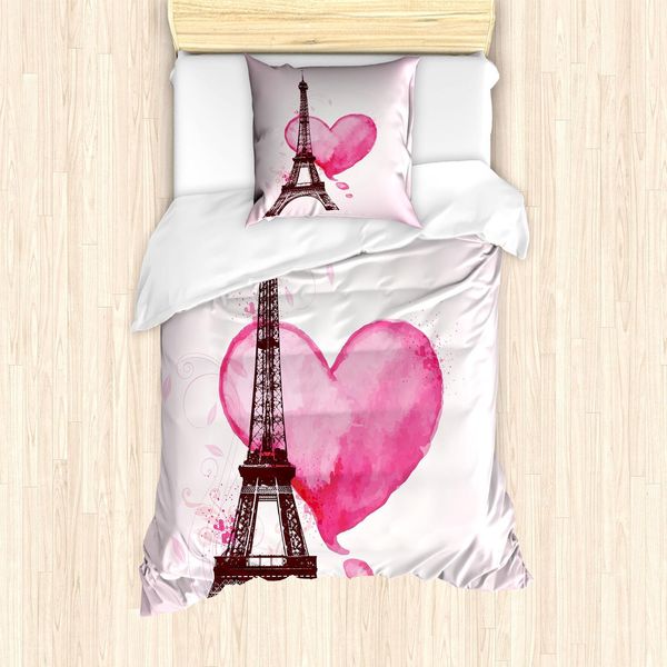 Abakuhaus Set Copripiumino Torre Eiffel, Eiffel Romantico San Valentino Amore Acquerello Tema Cuore Foglia Silhouette Stampa, 135 X 200 Cm + 80 X 80 Cm, Colori Fucsia Marrone-image
