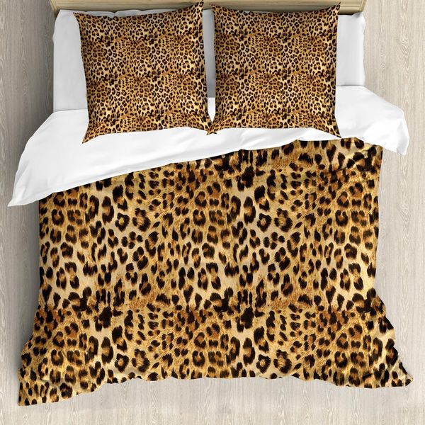 Abakuhaus Set Copripiumino Marrone, Stampa Leopardo, Pelle Animale, Stampa Digitale Selvaggia Africana A Tema Safari, Motivo Sporco, 200 X 200 Cm + 80 X 80 Cm, Marrone-image