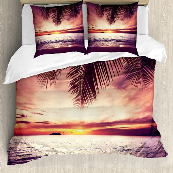 Abakuhaus Set Copripiumino Tropicale Per Letti Matrimoniali, Tramonto Onde Del Mare, Antiacaro, Adatto A Chi Soffre Di Allergie, Con Federe, Giallo-image
