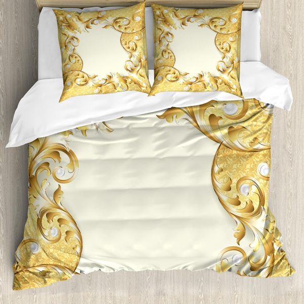 Set Copripiumino Abakuhaus Pearls, Illustrazione Di Una Cornice Con Decorazioni E Perle In Stile Barocco Con Motivi Floreali, 155 X 220 Cm + 80 X 80 Cm, Giallo Crema-image