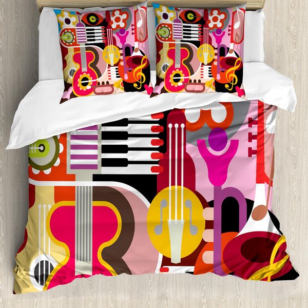 Abakuhaus Copripiumino Con Motivi Musicali, Strumenti Musicali, Antiacaro, Adatto A Chi Soffre Di Allergie, Con Federe, 155 Cm X 220 Cm - 80 X 80 Cm, Multicolore-image