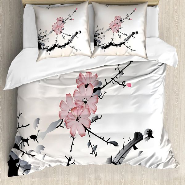 Abakuhaus Set Copripiumino Per Letti Matrimoniali, Arte Acquerello Asiatica, Antiacaro, Adatto A Chi Soffre Di Allergie, Con Federe, Rosa E Nero-image
