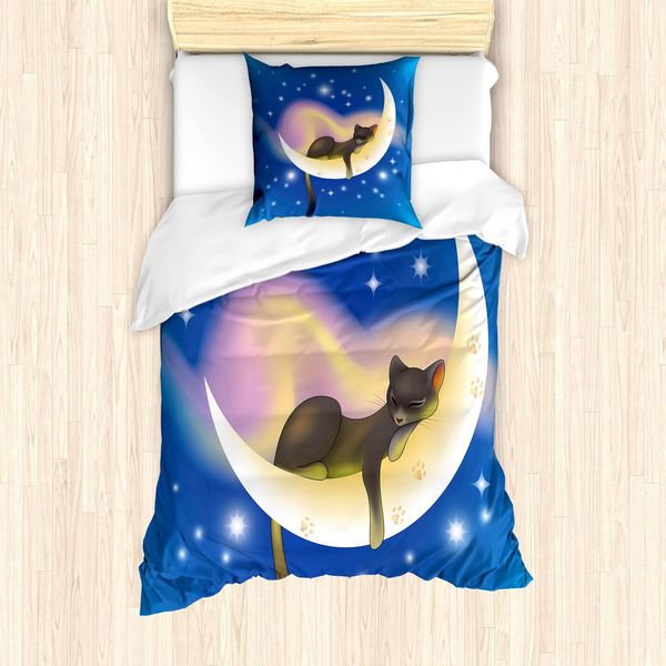 Abakuhaus Set Copripiumino Per Gatti, Mezzaluna E Stelle, Tema Notturno "Sogni D'oro"", Disegno Cartoon, 135 X 200 Cm + 80 X 80 Cm, Blu E Giallo"-image