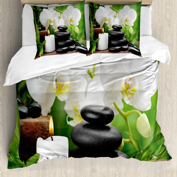 Copripiumino Abakuhaus Spa, Orchidee Pietre Natura, Antiacaro Adatto A Chi Soffre Di Allergie Con Federe, 200 Cm X 200 Cm - 80 X 80 Cm, Nero Bianco E Verde-image
