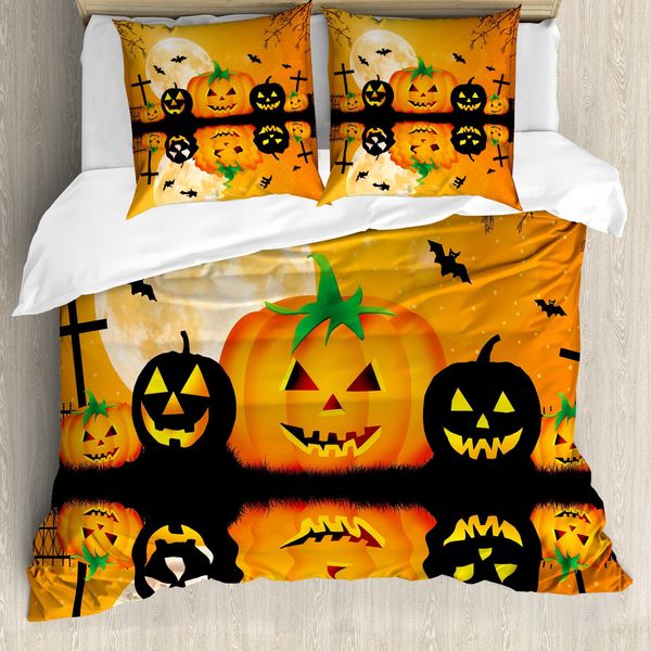 Copripiumino Abakuhaus Halloween, Scary Pumpkin, Antiacaro, Adatto A Chi Soffre Di Allergie, Con Federe, 155 Cm X 220 Cm - 80 X 80 Cm, Arancione E Nero-image