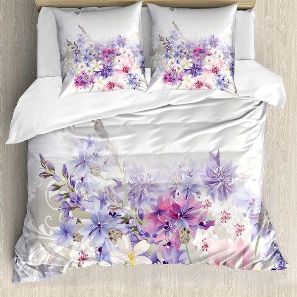 Abakuhaus Copripiumino Lavanda, Fiori Rosa E Lilla, Antiacaro, Adatto A Chi Soffre Di Allergie, Con Federe, 200 Cm X 200 Cm - 80 X 80 Cm, Viola, Rosa, Bianco-image