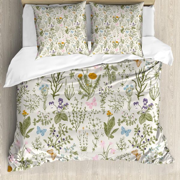 Abakuhaus Copripiumino Con Motivi Floreali, Vintage Garden Plants, Antiacaro E Anallergico, Con Federe, 155 Cm X 220 Cm - 80 X 80 Cm, Verde Reseda E Beige-image