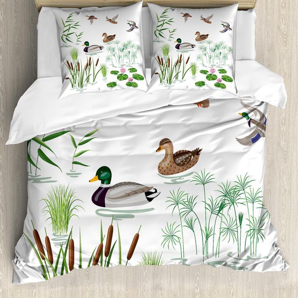 Abakuhaus Set Copripiumino Con Paperelle Di Gomma, Animali Marini E Piante Acquatiche Con Lily Flowers Reeds Cane Nel Parco Naturale Dello Stagno, 200 X 200 Cm + 80 X 80 Cm, Bianco Verde-image