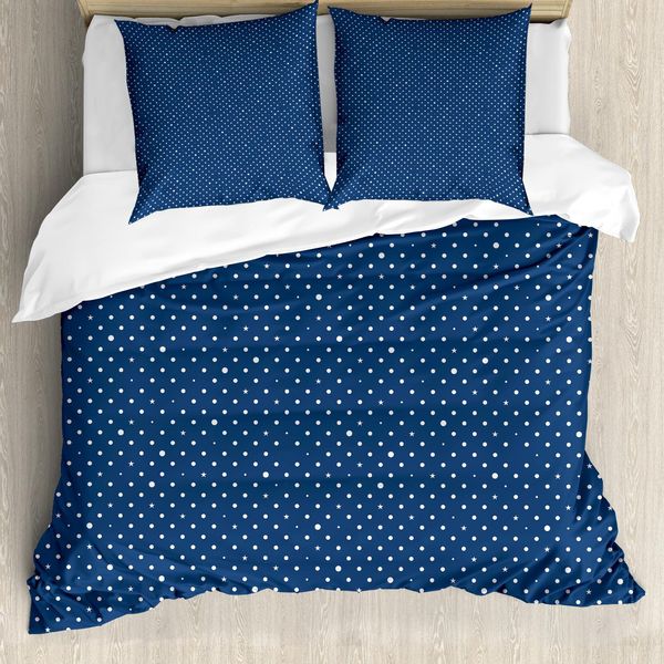 Abakuhaus Copripiumino Blu Navy, Pois E Stelle Retrò, Antiacaro E Anallergico, Con Federe, 200 Cm X 200 Cm - 80 X 80 Cm, Indaco Bianco-image