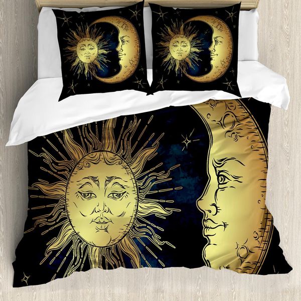 Abakuhaus Set Copripiumino Psichedelico, Luna Stelle Sole Stile Retrò, 200 X 200 Cm + 80 X 80 Cm, Blu Petrolio Giallo-image
