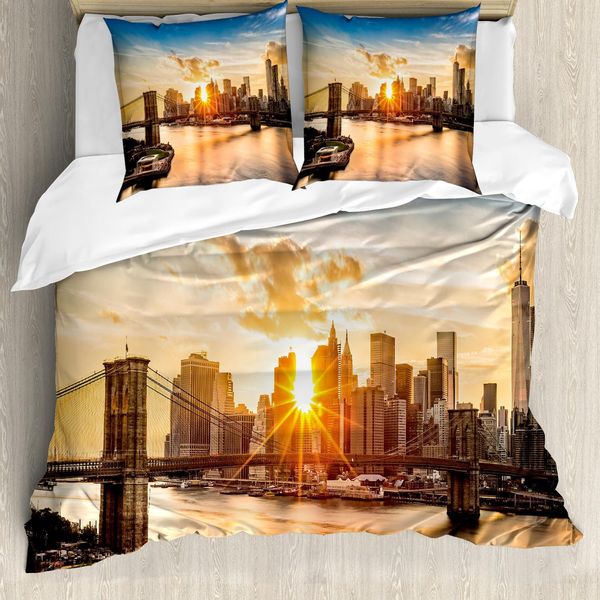 Set Copripiumino Abakuhaus New York, Panorama Urbano Con Brooklyn Bridge E Manhattan Hudson River Center Di Kultur Foto, 155 X 220 Cm + 80 X 80 Cm, Multicolore-image