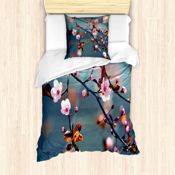 Set Copripiumino Abakuhaus Natur, Motivo Floreale Giapponese Con Fiori Di Ciliegio Su Ramo, 135 X 200 Cm + 80 X 80 Cm, Rosa Pallido Arancione-image