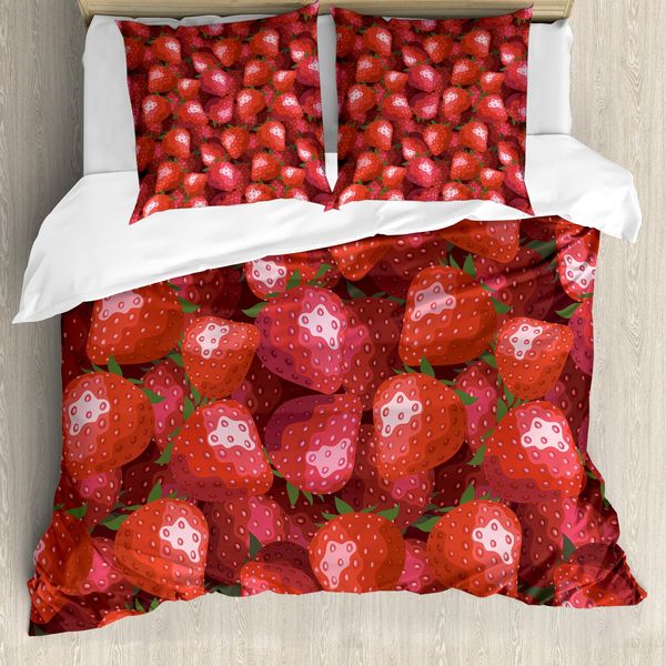 Abakuhaus Rosso Copripiumino, Fragole Frutti Maturi, Antiacaro Adatto A Chi Soffre Di Allergie Con Federe, 200 Cm X 200 Cm - 80 X 80 Cm, Verde Giada E Rosso-image
