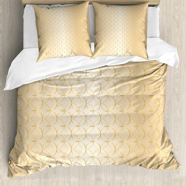 Set Copripiumino Abakuhaus Beige, Motivi Geometrici Moderni Con Cerchi Dorati Collegati E Forme A Diamante, 155 X 220 Cm + 80 X 80 Cm, Color Pesca Chiaro E Marrone-image