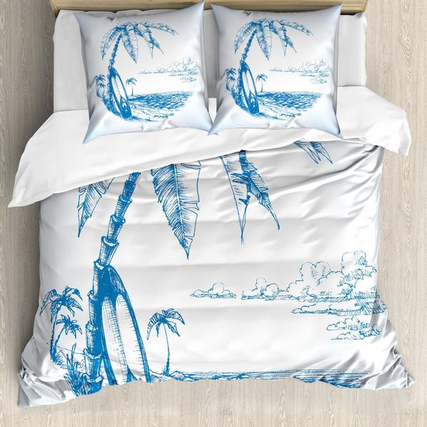 Abakuhaus Set Copripiumino Surf, Illustrazione Moderna Con Disegno Di Spiaggia Hawaiana Con Tavola Da Surf, Palme E Acqua Dell'oceano, 200 X 200 Cm + 80 X 80 Cm, Blu E Bianco-image