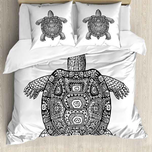 Abakuhaus Copripiumino Tartaruga, Arte Tribale Su Tartaruga, Antiacaro, Adatto A Chi Soffre Di Allergie, Con Federe, 155 Cm X 220 Cm - 80 X 80 Cm, Bianco E Nero-image