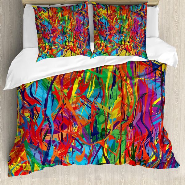 Abakuhaus Set Copripiumino Moderno, Contemporaneo Arcobaleno Linee Colorate Disordinate Illustrazione Effetto Dipinto A Olio, 155 X 220 Cm + 80 X 80 Cm, Multicolore-image