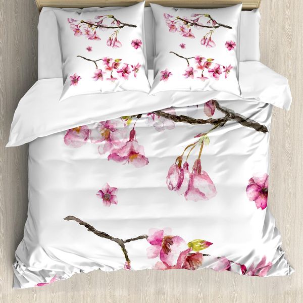 Abakuhaus Copripiumino Con Fiori, Fiori Acquerellati, Antiacaro, Adatto A Chi Soffre Di Allergie, Con Federe, 155 Cm X 220 Cm - 80 X 80 Cm, Rosa-Verde-image