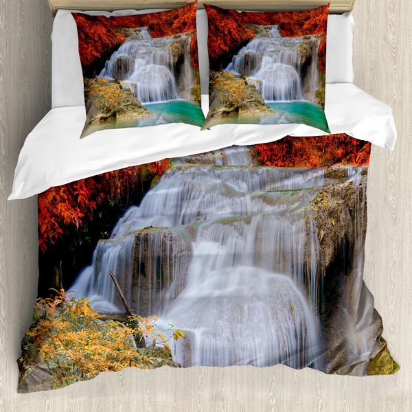 Abakuhaus Copripiumino Waterfall, Foglie Autunnali Sul Mare, Antiacaro, Adatto A Chi Soffre Di Allergie, Con Federe, 155 Cm X 220 Cm - 80 X 80 Cm, Blu, Bianco E Arancione-image