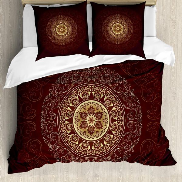 Set Copripiumino Abakuhaus Mandala, Motivo Floreale Vintage Ispirato Alla Cultura Spirituale Asiatica Tribale Etnica, 155 X 220 Cm + 80 X 80 Cm, Marrone Castagna E Giallo-image