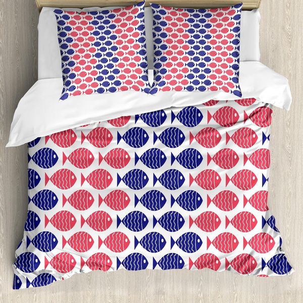 Set Copripiumino Abakuhaus Con Motivo Marino, Illustrazione Di Pesci Su Sfondo Bianco, Stampa Grafica, 155 X 220 Cm + 80 X 80 Cm, Rosso E Blu Navy-image