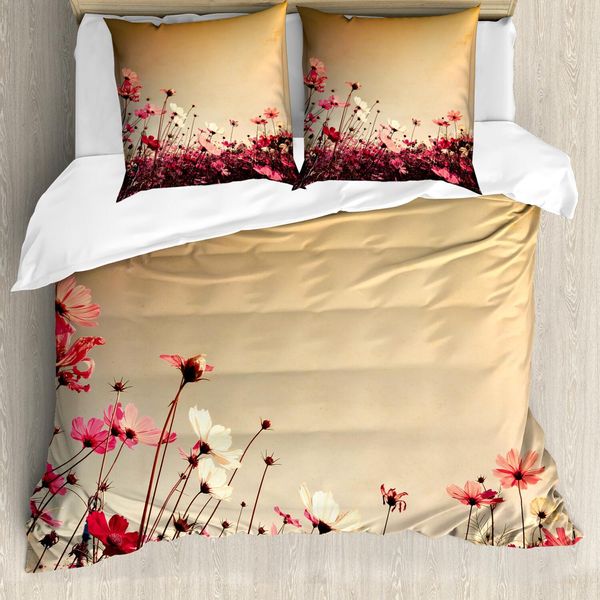 Set Copripiumino Abakuhaus, Foto Di Fiori Di Papavero Ispirata Alla Stagione Primaverile-Estiva, 155 X 220 Cm + 80 X 80 Cm, Rosa Pallido, Kaki E Rosa-image