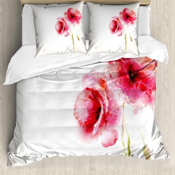 Set Copripiumino Abakuhaus Blume, Stagione Primaverile Vivid Florals Red Poppies Stampa Artistica Acquerello, 155 X 220 Cm + 80 X 80 Cm, Verde Chiaro Rosa-image