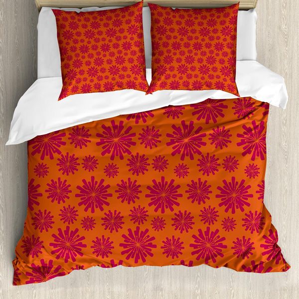 Set Copripiumino Abakuhaus, Design Moderno Con Motivi Geometrici Floreali In Stile Orientale, 200 X 200 Cm + 80 X 80 Cm, Rosso Scarlatto E Marrone Castagna-image