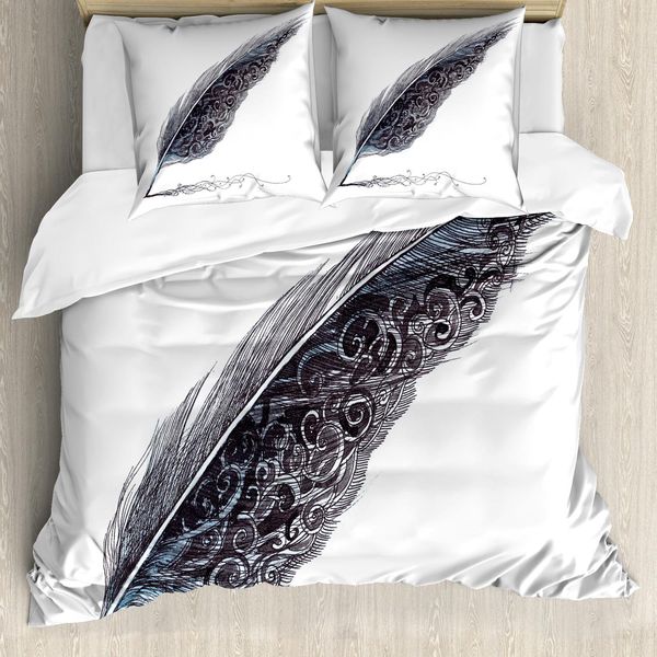 Abakuhaus Set Copripiumino Grigio, Immagine Di Una Penna D'oca Classica Antica Datata Con Motivi A Foglia Su Un Lato, 155 X 220 Cm + 80 X 80 Cm, Grigio Nero-image