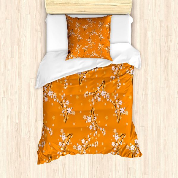 Set Copripiumino Abakuhaus, Fiori Di Ciliegio In Fiore Su Rami, Motivo A Tema Naturale Primaverile, 135 X 200 Cm + 80 X 80 Cm, Arancione Bianco Marrone-image