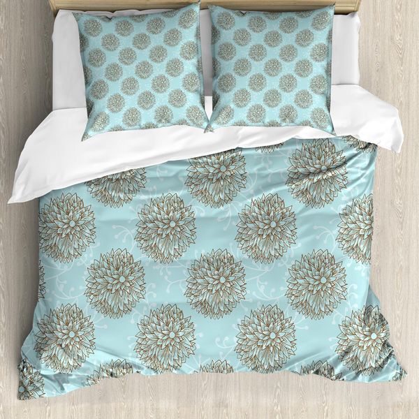 Abakuhaus Set Copripiumino Con Motivo Fiori Di Dalia, Immagine Boho Esotica Della Fresca Estate In Giardino Della Tribù Indigena, 155 X 220 Cm + 80 X 80 Cm, Marrone Blu-image