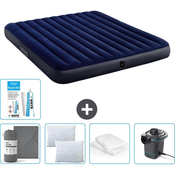Letto Gonfiabile Intex - 2 Persone - 183 X 203 X 25 Cm - Blu - Lenzuolo Incluso - Bacio - Pompa - Set Di Riparazione E Protezione Per Cuscini-image