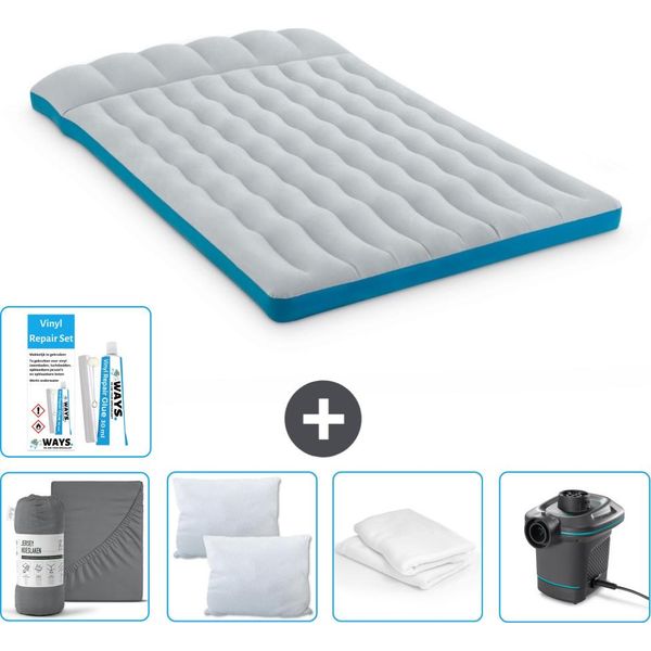 Materassino Da Campeggio Intex - 2 Persone - 127 X 193 X 24 Cm - Blu - Lenzuolo Incluso - Bacio - Pompa - Set Di Riparazione E Protezione Cuscini-image