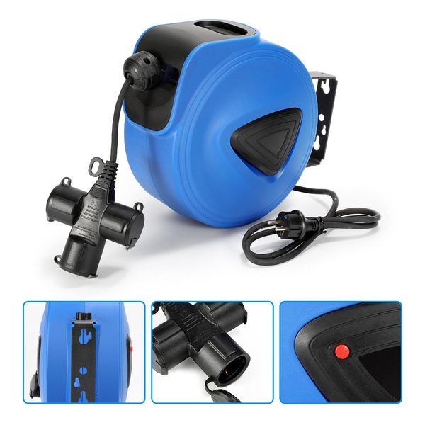 Clanmacy 20M Avvolgicavo Di Alimentazione Prolunga Cavo Presa Avvolgicavo Automatico Con Funzione Di Riempimento Per Montaggio A Parete Con 3 Prese-image
