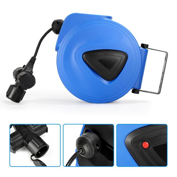 Avvolgicavo Automatico Hengda Avvolgicavo Automatico, 20 M, Ruotabile Di 180° Staffa A Parete Cavo Elettrico Per Montaggio A Parete Con 3 Prese-image