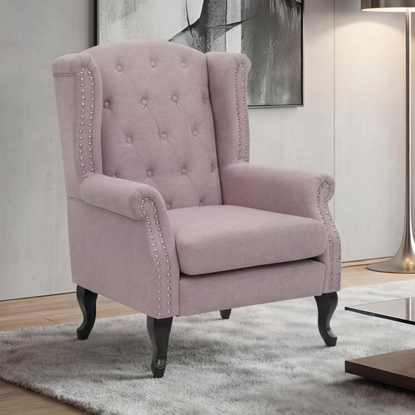 Poltrona Chesterfield, Poltrona Club Reclinabile Poltrona Ad Ala, Tessuto Idrorepellente ~ Rosa Chiaro Senza Pouf-image