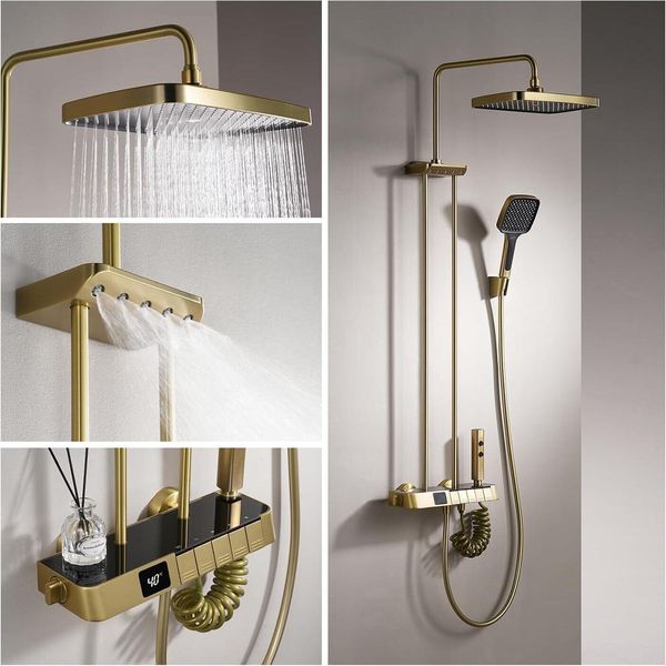 Sistema Doccia Con Termostato Oro Spazzolato, Miscelatore Set Doccia Colonna Doccia Con Display Digitale, Doccia A Pioggia In Ottone, Soffione Da 30 Cm-image