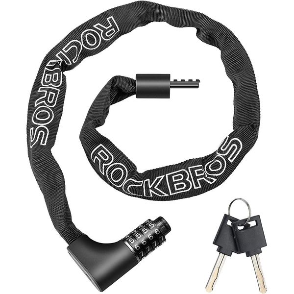 Rockbros Lucchetto A Combinazione Per Bicicletta 96Cm/17,19Mm Con Numeri Lucchetto A Catena Ad Alta Sicurezza Con 4 Cifre Nero-image
