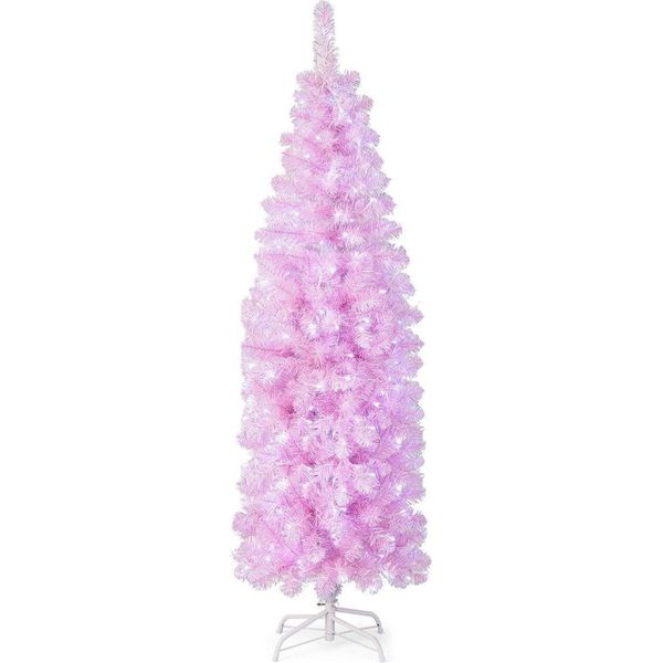 Albero Di Natale Artificiale A Matita Da 180 Cm Con 250 Led Bianchi Freddi Sottile Albero Di Natale Rosa-image