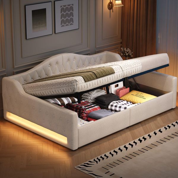 Merax Daybed 140X200Cm, Divano Letto Con Cintura Led E Supporto Idraulico, Letto Imbottito Con Schienale, Rete A Doghe, Daybed In Lino, Beige-image