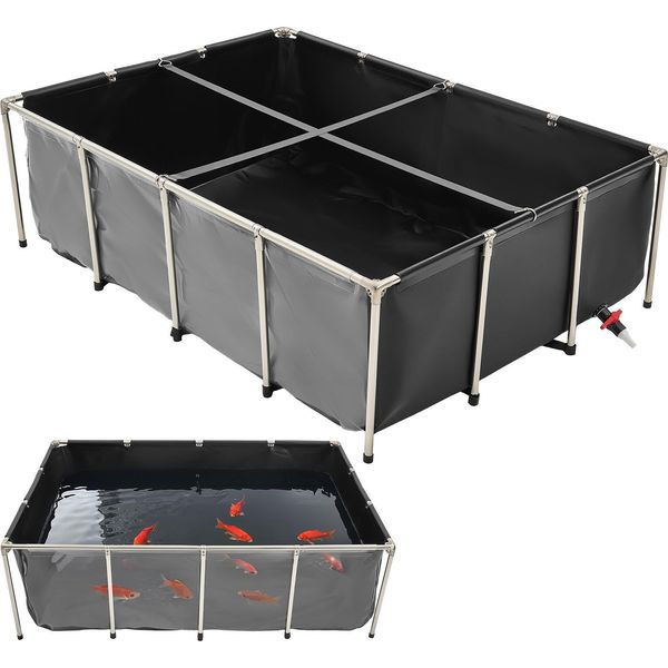 Laghetto Per Pesci In Tela Vevor, Vasca Per Pesci Da 1781,3 Litri, Vasca Per Koi In Pvc Con Finestra Trasparente, Acquario Con Struttura In Acciaio Inox E Valvola Di Scarico, Per L'allevamento Di Koi, Pesci Rossi (Nero)-image