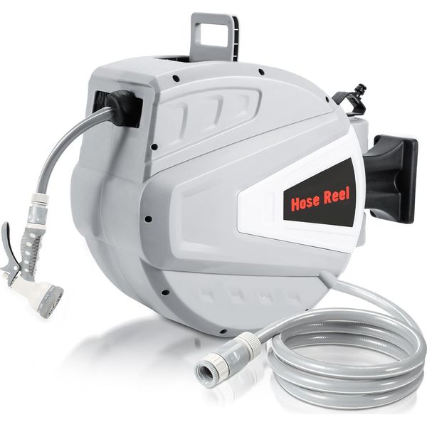 Jayseuw Avvolgitubo Da Parete Da 20 Metri Avvolgitubo Per Acqua Cassetta Per Tubi Flessibili Automatico (20 M) Grigio-image