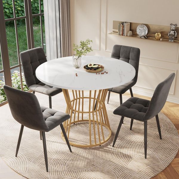 Set Da Pranzo Flieks, Tavolo Da Pranzo Con 4 Sedie, Tavolo Rotondo 100X75 Cm, Tavolo Per Sala Da Pranzo Soggiorno, Sedie Imbottite Con Seduta In Velluto, Grigio-image