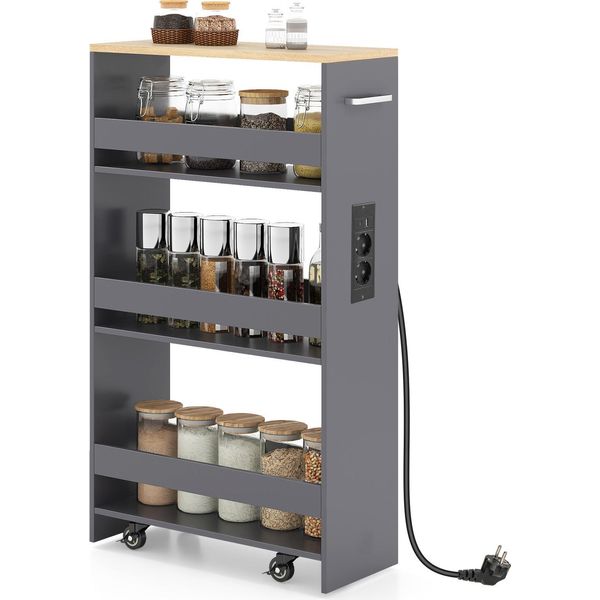 Costway Carrello A Nicchia 20 Cm, Carrello Da Cucina A 4 Livelli Con Stazione Di Carico, Scaffale A Nicchia Su Rotelle, Carrello Di Servizio Con Maniglia E Ringhiera, Scaffale Da Bagno, Grigio-image